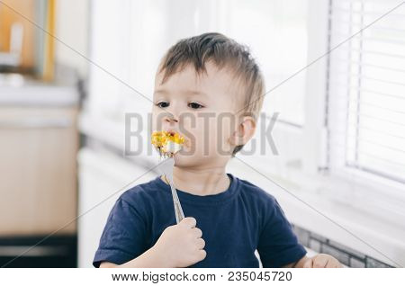 A Child In The Kitchen Eats Eggs Or Omelets In The Afternoon