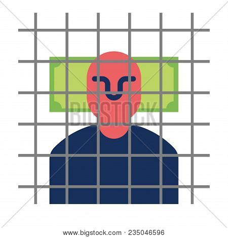Bribe Taker In Prison. Man In Prison Bars And Money