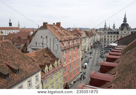 Graz, Austria - March 20, 2017: Street View From The Top Of The Kastner And Ohler Warehouses  In Gra