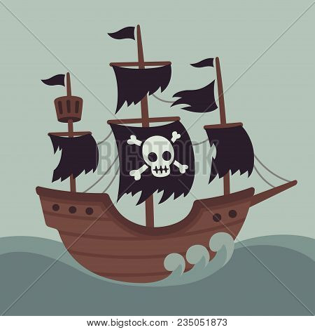 Haunted Ghost Ship Illustration With Jolly Roger Pirate Flag And Torn Sails. Cartoon Vector Drawing.