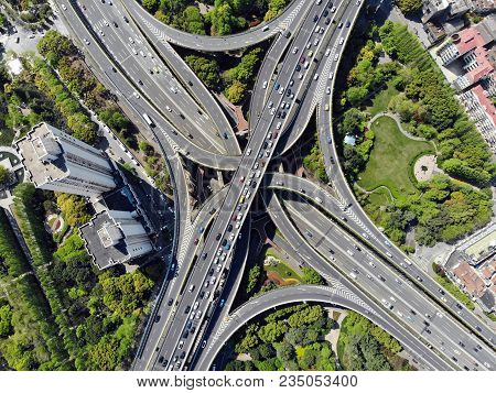 Elevated 5 Levels Road Junction In Shanghai Center. Aerial View From Drone