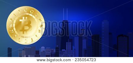 Golden Bitcoin Symbol On Night Blue City Background. Bitcoin And Blockchain Technology Concept. Bitc