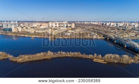 Aerial View Of The City, Ukraine. Dnieper River With Bridges. Darnitskiy Bridge. Combined Railway An