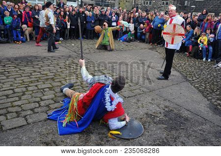 Heptonstall, Uk - March 20 2018: Actors In A Scene From The Traditional Good Friday Pace Egg Play In