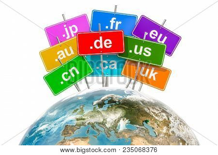 Earth Globe With Country Code Top-level Domain Names, 3d Rendering Isolated On White Background