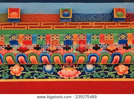 Beautiful Painted Fresko Of A Monastry In The Langtang  National Park, Nepal.