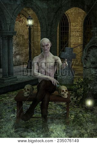 Nosferatu Vampire Sitting In A Cemetery With Two Skulls. 3d Illustration.
