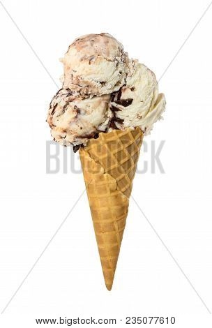 Wafer Cone With Creamy Vanilla Ice Cream With Chocolate Chips Isolated On White