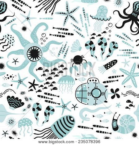 Baby Seamless Pattern - Ocean Life, Underwater Monsters. Submarine Trip. Trendy Kids Vector Backgrou