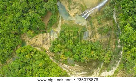 Waterfall From Ravine. Philippines Aerial View. Filipino Nature
