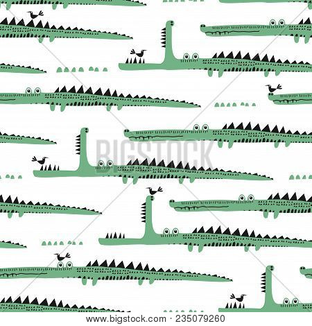 Adorable Seamless Pattern With Funny Crocodiles. Ideal For Cards, Invitations, Party, Banners, Kinde