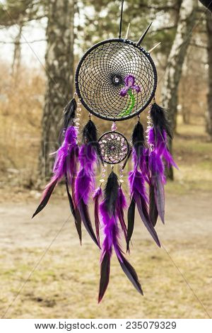 Dream Catcher With Feathers Threads And Beads Rope Hanging. Dreamcatcher Handmade