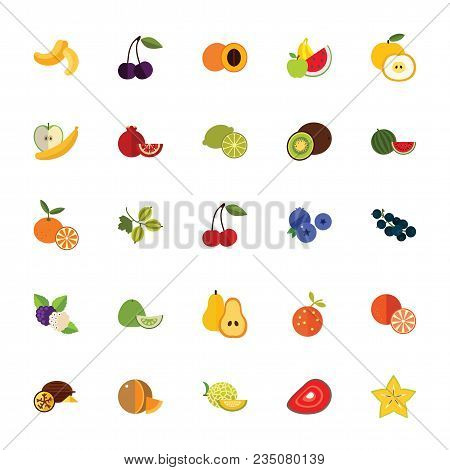 Icon Set Of Fruits And Berries. Vegan, Organic Food, Healthy Eating. Food Concept. For Topics Like D