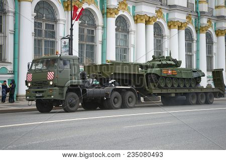 Saint Petersburg, Russia - May 07, 2017: Military Trailer Kamaz-65225 With A Tank At The Winter Pala