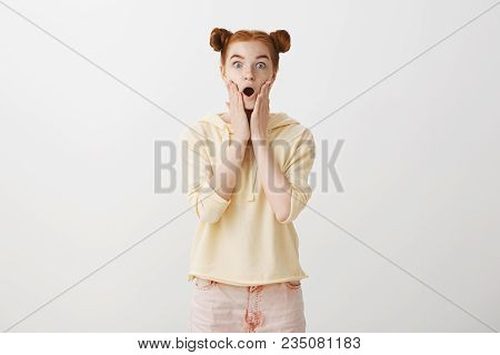 Omg, Cannot Believe My Eyes. Shocked And Surprised Attractive Girlfriend With Ginger Hair And Two Bu