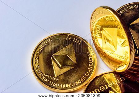 Golden Bitcoin Coins On A Dark Background With Euro Coins. Virtual Currency. Crypto Currency. New Vi