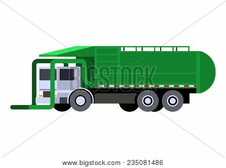 Minimalistic Icon Garbage Truck Front Loader . Garbage Truck Vehicle Front Side View. Vector Isolate