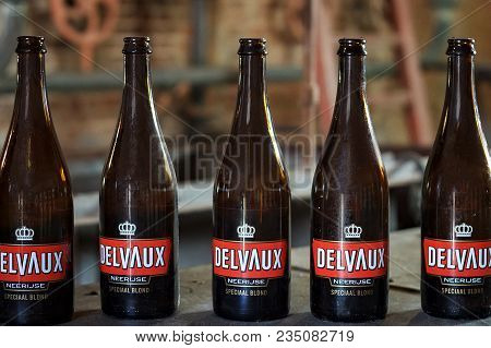 Neerijse, Belgium - September 05, 2014: Few Empty Bottles For Delvaux Beer In The Brewery De Kroon I