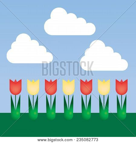 Flat Design Floral Bed With Tulips And Colorful Flowers With Green Leaves On Lawn, Under Blue Sky Wi