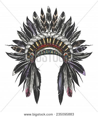 Hand Drawn Colorful Feathered War Bonnet. Vector Illustration.