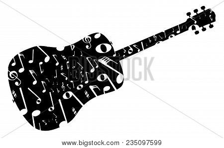 A Typical Acoustic Guitar Silhouette With Musical Notes Isolated Over A White Background.