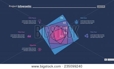 Five Squares Process Chart Slide Template. Business Data. Strategy, Step, Design. Creative Concept F