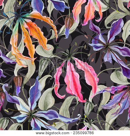 Beautiful Gloriosa Lily Flowers With Climbing Leaves On Dark Background. Seamless Floral Pattern. Wa