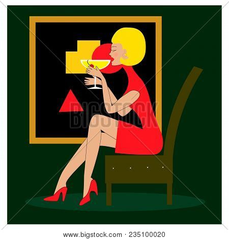 Pretty Girl Drinking Alcoholic Cocktail. Vintage Style.