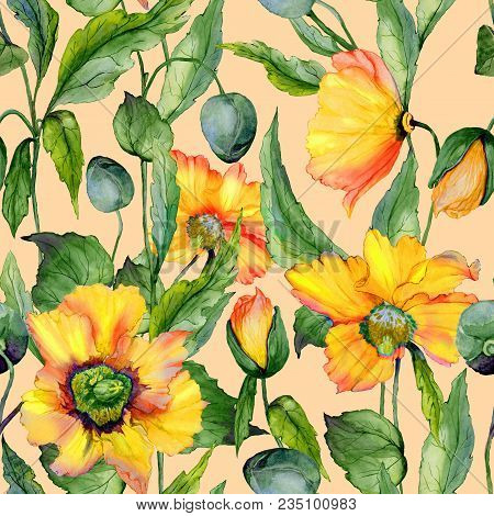 Beautiful Orange And Yellow Welsh Poppy Flowers With Green Leaves On Beige Background. Seamless Flor