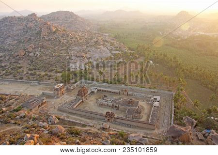 Sunrise In Hampi On Matanga Hill. View From Above, From The Sky, Aerophoto.  Indian Temple Hampi In 