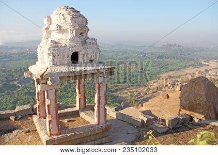Sunrise In Hampi On Matanga Hill. View From Above, From The Sky, Aerophoto.  Indian Temple Hampi In 