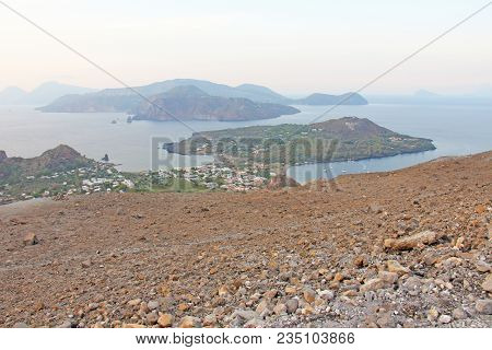 View Of The Vulcanello Peninsula. The Islands Of Lipari, Italy.