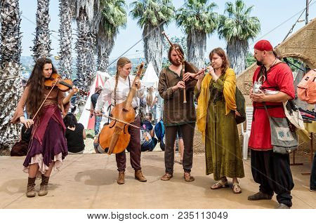 Goren, Israel, April 06, 2018 : Musicians Play Musical Instruments For Guests Of Knight Festival In 