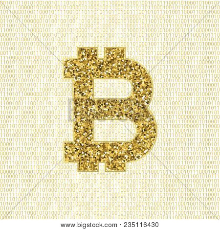 Golden Vector Bitcoin Symbol. Crypto Currency Digital Illustration On A Binary Background. Virtual C
