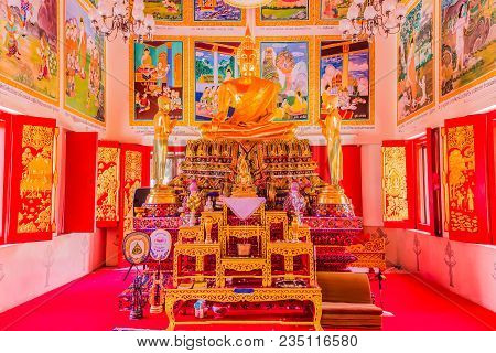 Phuket, Thailand - April 4, 2018: Buddha Statue In Thai Buddist Church (landscape View), Naka Temple