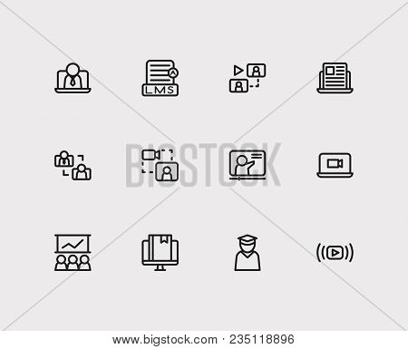 Webinar Icons Set. Education E-learning And Webinar Icons With Development Training, Video Call Lapt