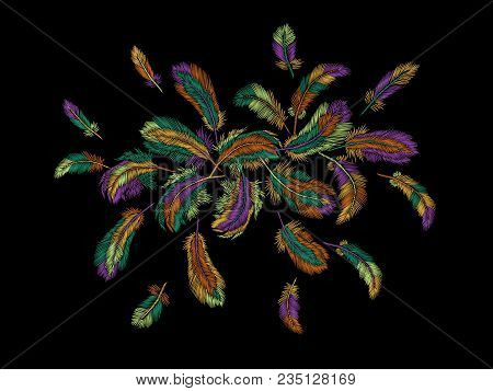 Colorful Feathers Embroidery Round Arrangement. Boho Tribal Clothes Indian Bird Classic Embroidered 