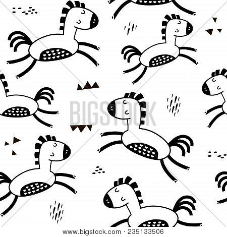 Seamless Childish Pattern With Cute Horses And Hand Drawn Textures. Creative Blackand White Kids Tex