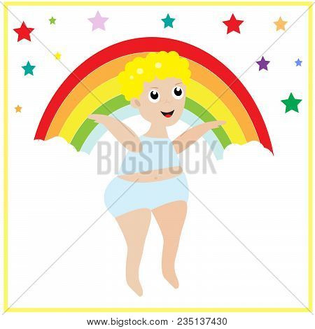 Little Cute Blond Boy On The Rainbow