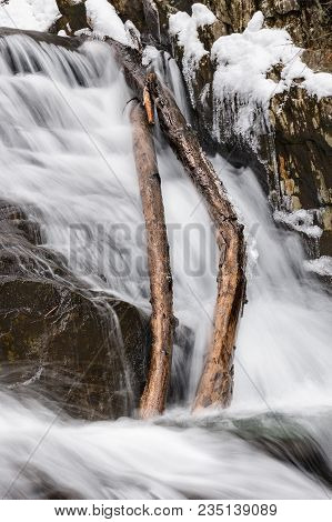 A Pair Of Dead Tree Limbs In This Winter Time Hike To The Sanderson Brook Falls In Chester Ma.  Snow