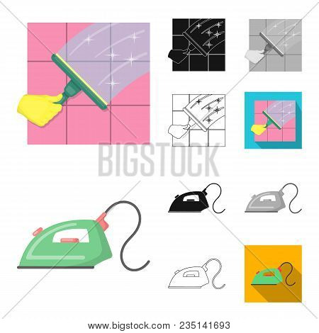 Cleaning And Maid Cartoon, Black, Flat, Monochrome, Outline Icons In Set Collection For Design. Equi