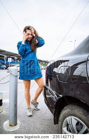 Woman Stand Near Scratched Auto. Call For Help. Car Insurance