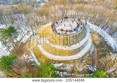Tourists On Top Of Hill. High Castle In Lviv. Birds Eye View