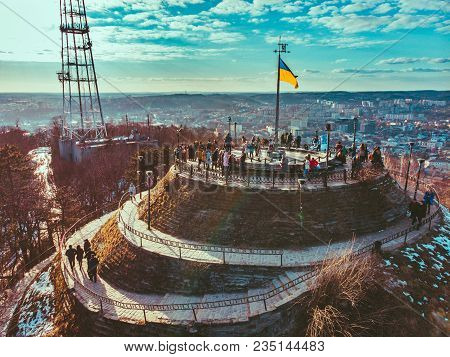 Tourists On Top Of Hill. High Castle In Lviv. Birds Eye View