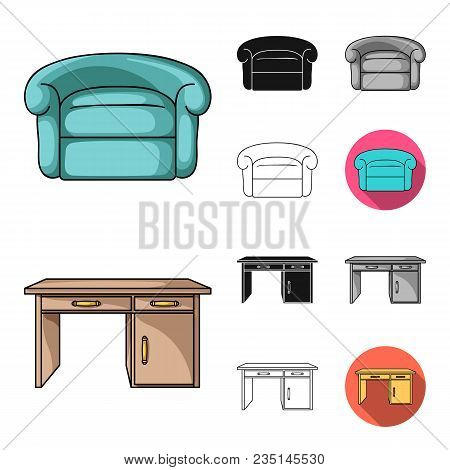 Furniture And Interior Cartoon, Black, Flat, Monochrome, Outline Icons In Set Collection For Design.