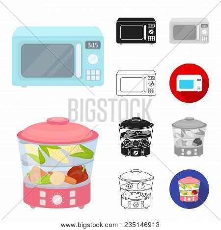 Types Of Household Appliances Cartoon, Black, Flat, Monochrome, Outline Icons In Set Collection For 