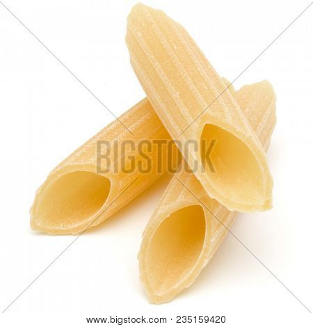 Italian pasta isolated on white background. Pennoni. Penne rigate.