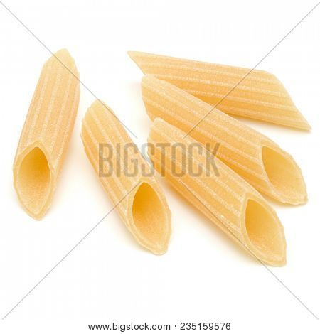 Italian pasta isolated on white background. Pennoni. Penne rigate.