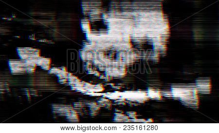 An illustration of an abstract pirate skull at the pc screen