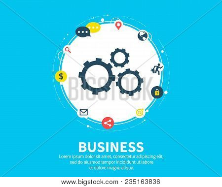Business Concept. Abstract Background With Connected Gears And Icons For Strategy, Service, Analytic